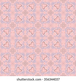 Hand drawn vector seamless pattern with hearts.Colors: background- rose quartz;leaves&curves - serenity;big hearts - fig,cloud dancer;small hearts - blooming dahlia;other - nostalgia rose,granite gray