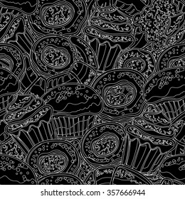 Hand drawn vector seamless pattern with donuts, cupcake, dessert, croissant, bagel on blak background