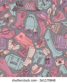 Hand drawn vector seamless pattern of shoes, bags and female fashion accessories. Can use for print, web, fabric. Pastel colors background