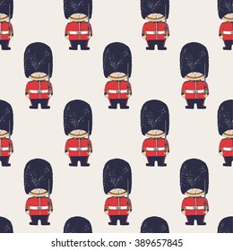 hand drawn vector seamless pattern of Queen's Guard/ British Army soldiers/ London/can be used as kids or baby's shirt design/textile/ fashion graphic