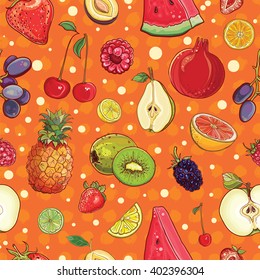 Hand drawn vector seamless pattern with bright juicy fruits and berries. Template for design