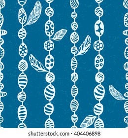 Hand drawn vector seamless pattern with bead and feather. Boho chic background for design, printing, website, textile, wrapping paper