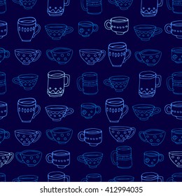 hand drawn vector seamless pattern, cute colored mugs and cups background