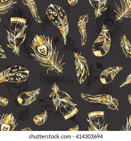 Hand drawn vector seamless pattern with bird feathers isolated on black background. Golden sparkling glamor set for your design. Trendy art deco style patterned elements, sketch, fashionable concept