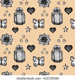 Hand drawn vector seamless pattern of make up and cosmetics. Make up collection for shop and spa.