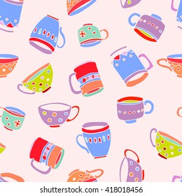 hand drawn vector seamless pattern, cute colored mugs and cups background