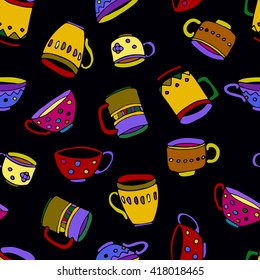 hand drawn vector seamless pattern, cute colored mugs and cups background