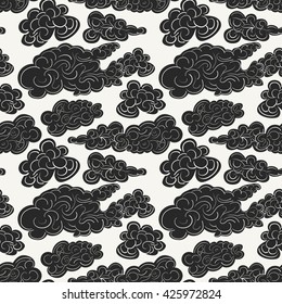 Hand drawn vector seamless pattern with black storm clouds. Modern stylish decorative background in trendy linear art style. Perfect for wallpapers, textile and interiors.