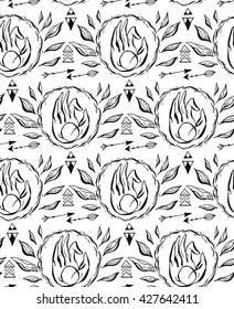 Hand drawn vector seamless pattern with hand mudra,arrows and leaves.Black and white pattern.Vector illustration for a yoga studio, tattoo, spa, postcards, souvenirs.Hands Yoga.