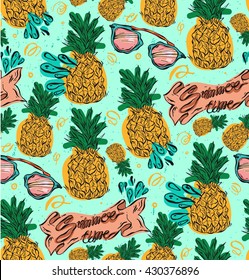 Hand drawn vector seamless pattern with pineapples in yellow and green colors on mint background.Vector tropical bright summer illustration of fruit pineapple.