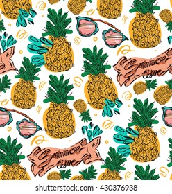 Hand drawn vector seamless pattern with pineapples in yellow and green colors on white background.Vector tropical bright summer illustration of fruit pineapple.