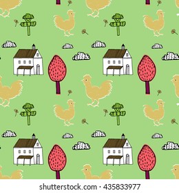 Hand drawn vector seamless pattern with  rooster and farm house.2017 is the year of Red Fire Chicken on Chinese zodiac. Can use them for greeting card, prints, calendar, poster, wall paper, wrapping.