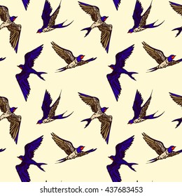 Hand drawn  vector seamless pattern with flying swallows. Endless ivory background with a flock of spring birds.