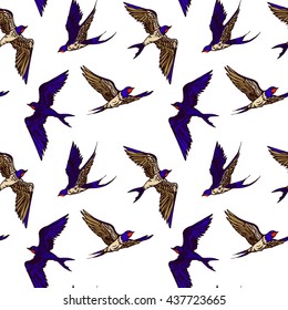 Hand drawn  vector seamless pattern with flying swallows. Endless background with a flock of spring birds.