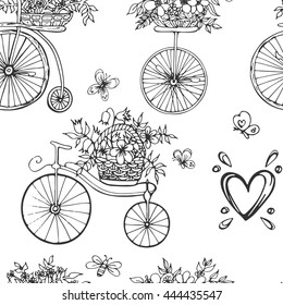 Hand drawn vector seamless pattern with vintage bicycle and flowers. Beautiful elements for wedding, valentine's day and invitation. Romantic background.