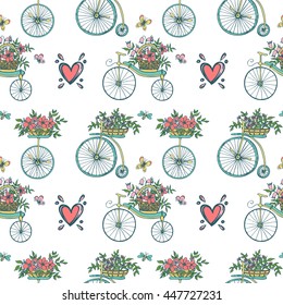 Hand drawn vector seamless pattern with vintage bicycle and flowers. Beautiful elements for wedding, valentine's day and invitation. Romantic background.