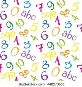 Hand drawn vector seamless pattern with numbers and letters. Vector illustration.