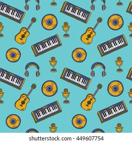 Hand drawn vector seamless pattern with musical elements. Guitar, microphone, keyboard, headphones, vinyl disk. Cheerful yellow and blue color palette.