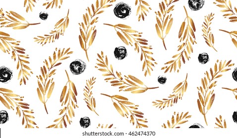 Hand drawn vector seamless pattern with gold brunch and textured black ink dots isolated on white .Gold background.