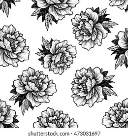 Hand drawn vector seamless pattern - Peony flowers. Floral Tattoo sketch. Perfect for textile, invitations, greeting cards, blogs, posters etc. Vintage collection