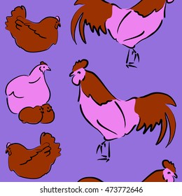 Hand drawn. Vector seamless pattern of stylized rooster, hen, cock, chicken with hole and spots on colored background.