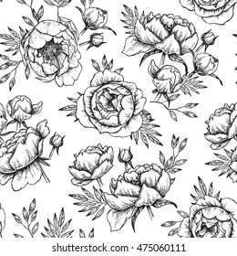 Hand drawn vector seamless pattern with peonies (flowers, leaves). Floral design elements. Perfect for invitations, greeting cards, blogs, textile, wallpaper, posters etc.