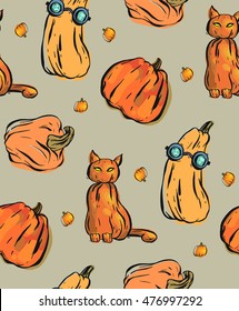 Hand drawn vector seamless pattern with different funny characters pumpkins.Halloween magic background.
