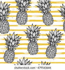 Hand drawn vector seamless pattern - Pineapple with striped background. Exotic tropical fruit in sketch style. Pop art. Perfect for invitations, greeting cards, blogs, posters etc.