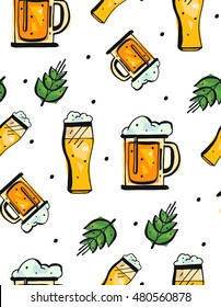 Hand drawn vector seamless pattern with glasses of beer isolated on white background.