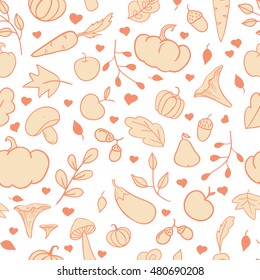 Hand drawn vector seamless pattern. Vegetables and leaves background. Perfect for printing on fabric or wallpaper