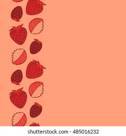 Hand drawn. Vector seamless pattern of vertical stylized berry motif, hole, spots, strawberry with leaves, doodles on colored background with copy space.
