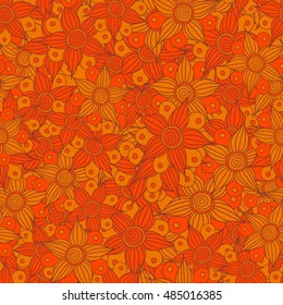 Hand drawn. Vector seamless pattern of stylized floral motif, flowers, hole, spots, doodles in orange colors.