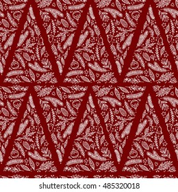 Hand drawn vector seamless pattern - Christmas tree with holiday design elements. X-mas background. Perfect for wrapping paper, greeting cards, prints, flyers, posters etc