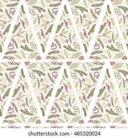 Hand drawn vector seamless pattern - Christmas tree with holiday design elements. X-mas background. Perfect for wrapping paper, greeting cards, prints, flyers, posters etc