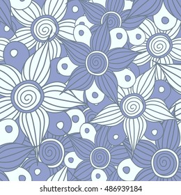 Hand drawn. Vector seamless pattern of stylized floral motif, flowers, hole, spots, doodles in blue colors.