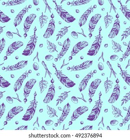Hand drawn vector seamless pattern with feathers. Boho style drawing.