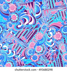 Hand drawn vector seamless pattern with doodle elements in blue and pink colors.