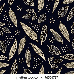 Hand drawn vector seamless pattern with leaves. Card.