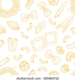 Hand drawn vector seamless pattern - Italian food. Different kinds of pasta. Design elements in sketch style. Perfect for leaflets, cards, posters, prints, menu, booklets