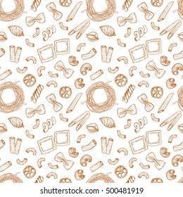 Hand drawn vector seamless pattern - Italian food. Different kinds of pasta. Design elements in sketch style. Perfect for leaflets, cards, posters, prints, menu, booklets