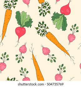 Hand drawn vector seamless pattern with radish, carrot and beet on isolated light background.