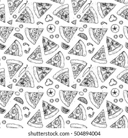 Hand drawn vector seamless pattern - Types of pizza: Pepperoni, Margherita, Hawaiian, Mushroom. Sketch style. Perfect for leaflets, cards, posters, prints, menu, booklets