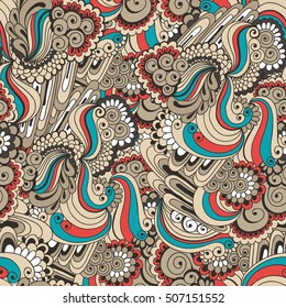 Hand drawn vector seamless pattern with abstract doodle elements in beige and red colors.