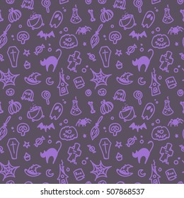 Hand drawn vector seamless pattern, icons of skull, spider, pumpkins, ghost. Design elements for Halloween party. Flat cartoon illustration. Purple objects isolated on gray background.