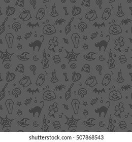 Hand drawn vector seamless pattern, icons of skull, spider, pumpkins, ghost. Design elements for Halloween party. Flat cartoon illustration. Gray objects isolated on gray background.