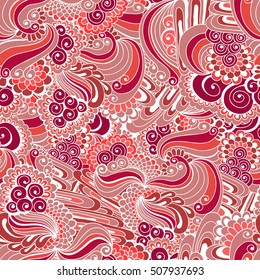 Hand drawn vector seamless pattern with abstract doodle elements in red colors.