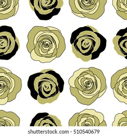 Hand drawn vector seamless pattern - yellow roses with petals. Floral background with stylized roses.