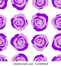 Hand drawn vector seamless pattern - violet roses with petals. Floral background with stylized roses.