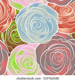 Hand drawn vector seamless pattern - rose with petals. Floral background with stylized roses.