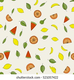 Hand drawn vector seamless pattern with fruits.Healthy repeatable background.